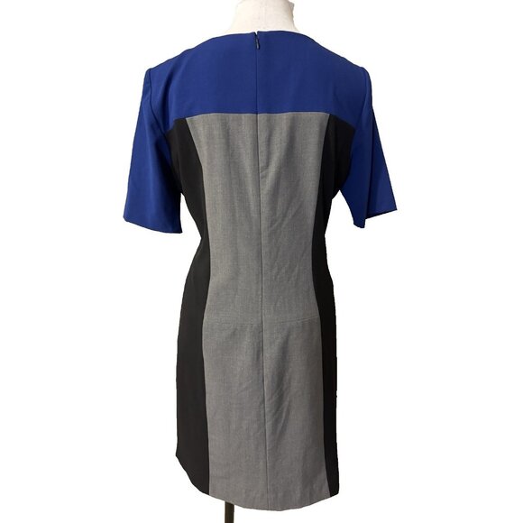 Tahari Dress 14 Black Blue Gray Colorblock Short Sleeve Sheath Career Church - Picture 3 of 11